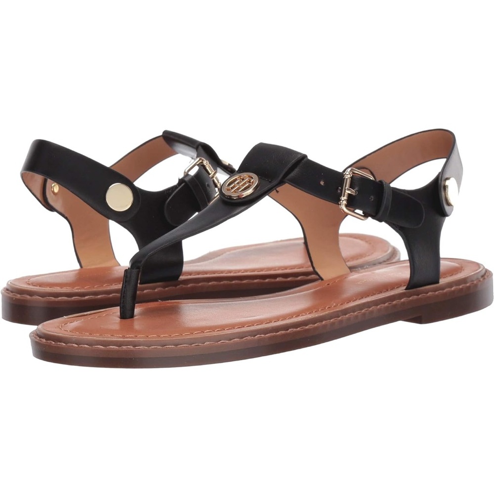 🌻Tommy Hilfiger Open-Toe T-Strap Sandals, Sz 9, Black w/Goldtone Accents (NWT) - Picture 4 of 5